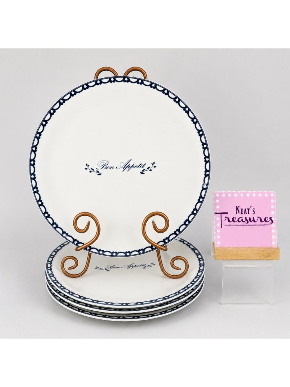 Home Target BON APPETIT Blue Words White Porcelain 10.5" Dinner Plates Set Of 4